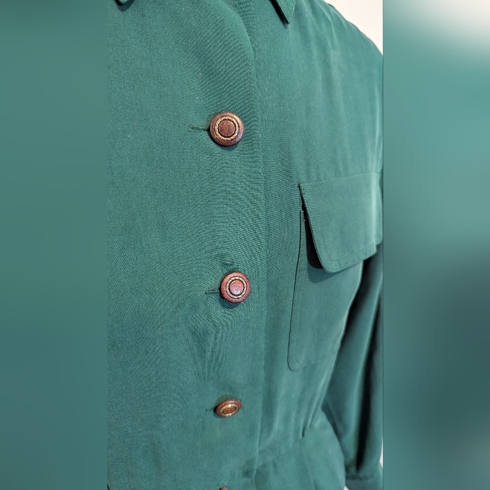Vintage Gillian silk dress sz 6 green button down hourglass shape collar pockets - Picture 2 of 8